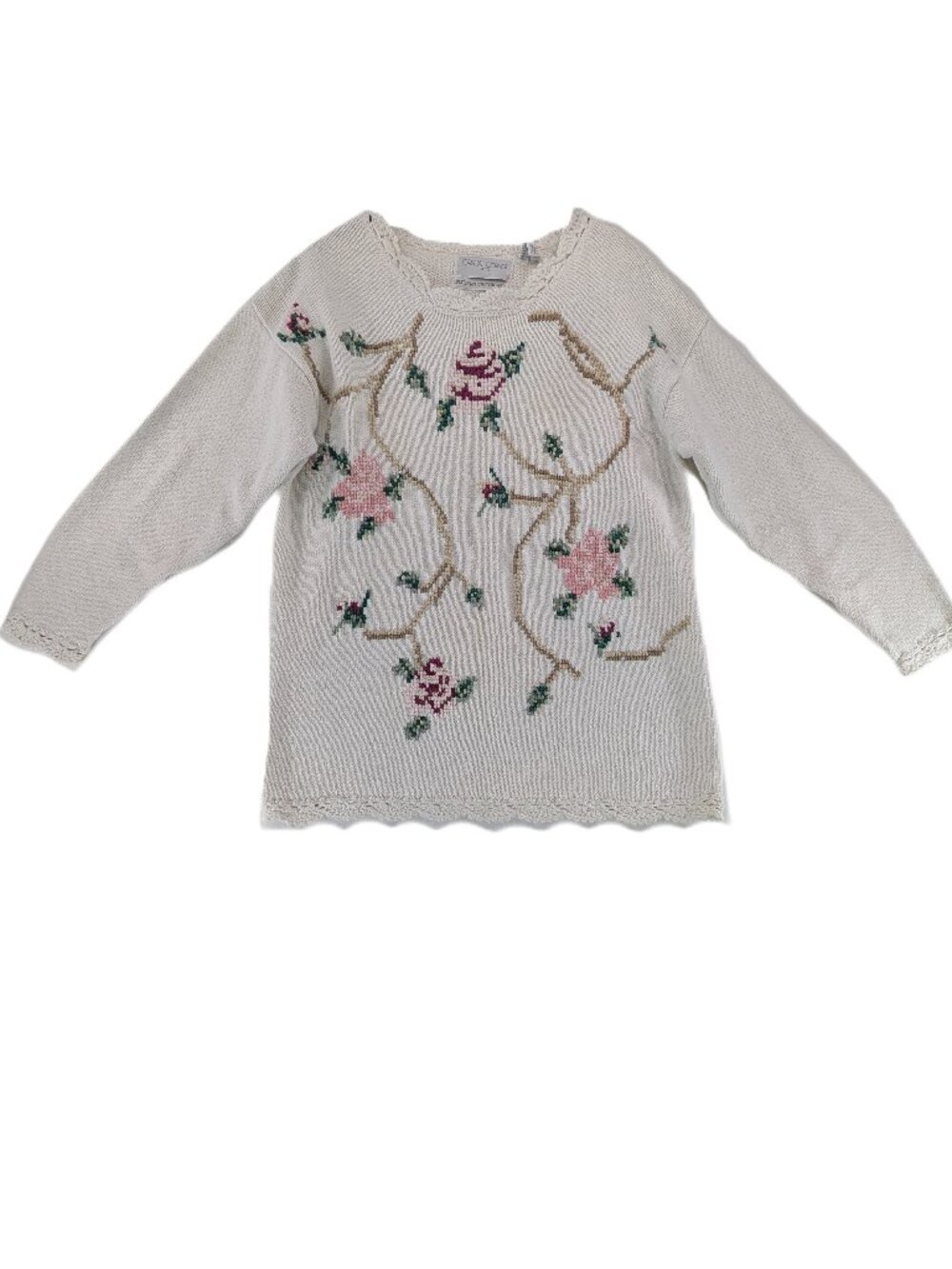 VTG Needlepoint Sweater Womens Size Small Ivory Floral Cottagecore Ramie Cotton